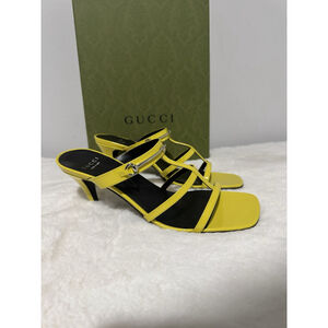 Gucci GG Horsebit Leather Mules Heel Sandals Slip-On Yellow Lime SZ 37.5 US 7.5
